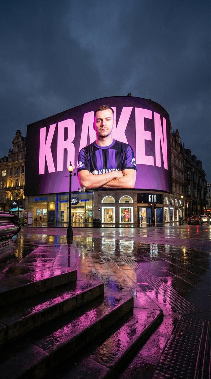 Ivan Paskar on Kraken billboard at Piccadilly Circus, London